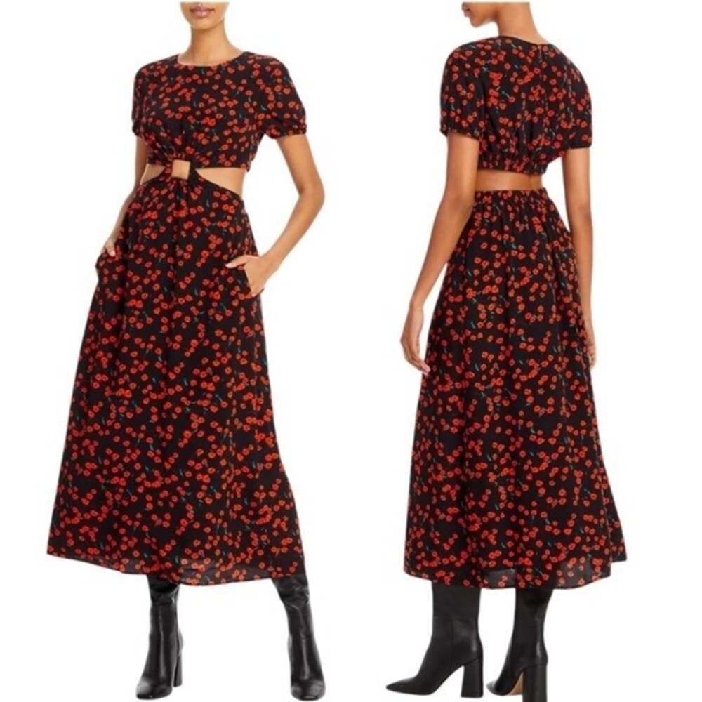 STAUD Women Black Red Poppy Floral STAUD Calypso Dress Midi Large